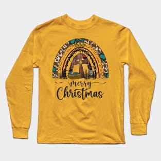 Merry Christmas Nativity Scene Rainbow Long Sleeve T-Shirt